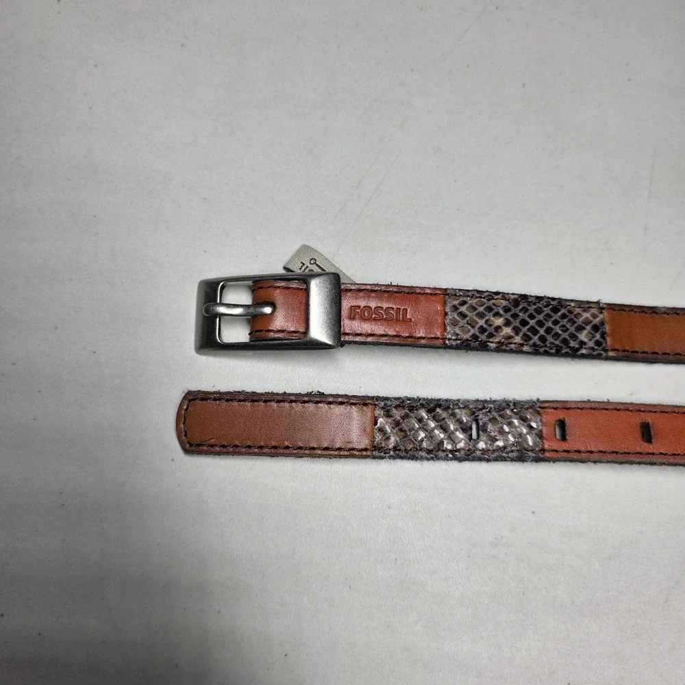Fossil Snakeskin Patchwork Leather Skinny Belt Brown Tan Black Size Medium M